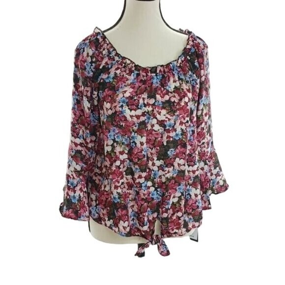 BCX Floral Blouse Flowy Pink 3/4 Bell Sleeve Elastic Neckline Womens Size S - Picture 1 of 7
